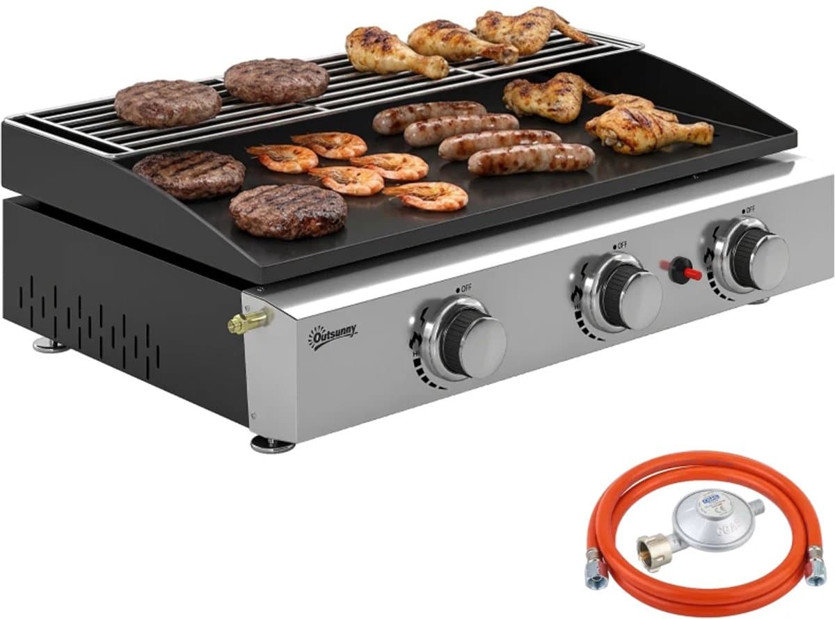 Gasgrill - Gasbarbecue met 3 Branders - Draagbare Gasbarbecue en grill - 7,5 kW - Grillwagen - Tafelgrill - met Keramische Coating, Grillrooster & Warmhoudrek - 62 x 44 x 21 cm - Zwart — afbeelding 1