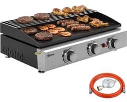 Gasgrill - Gasbarbecue met 3 Branders - Draagbare Gasbarbecue en grill - 7,5 kW - Grillwagen - Tafelgrill - met Keramische Coating, Grillrooster & Warmhoudrek - 62 x 44 x 21 cm - Zwart