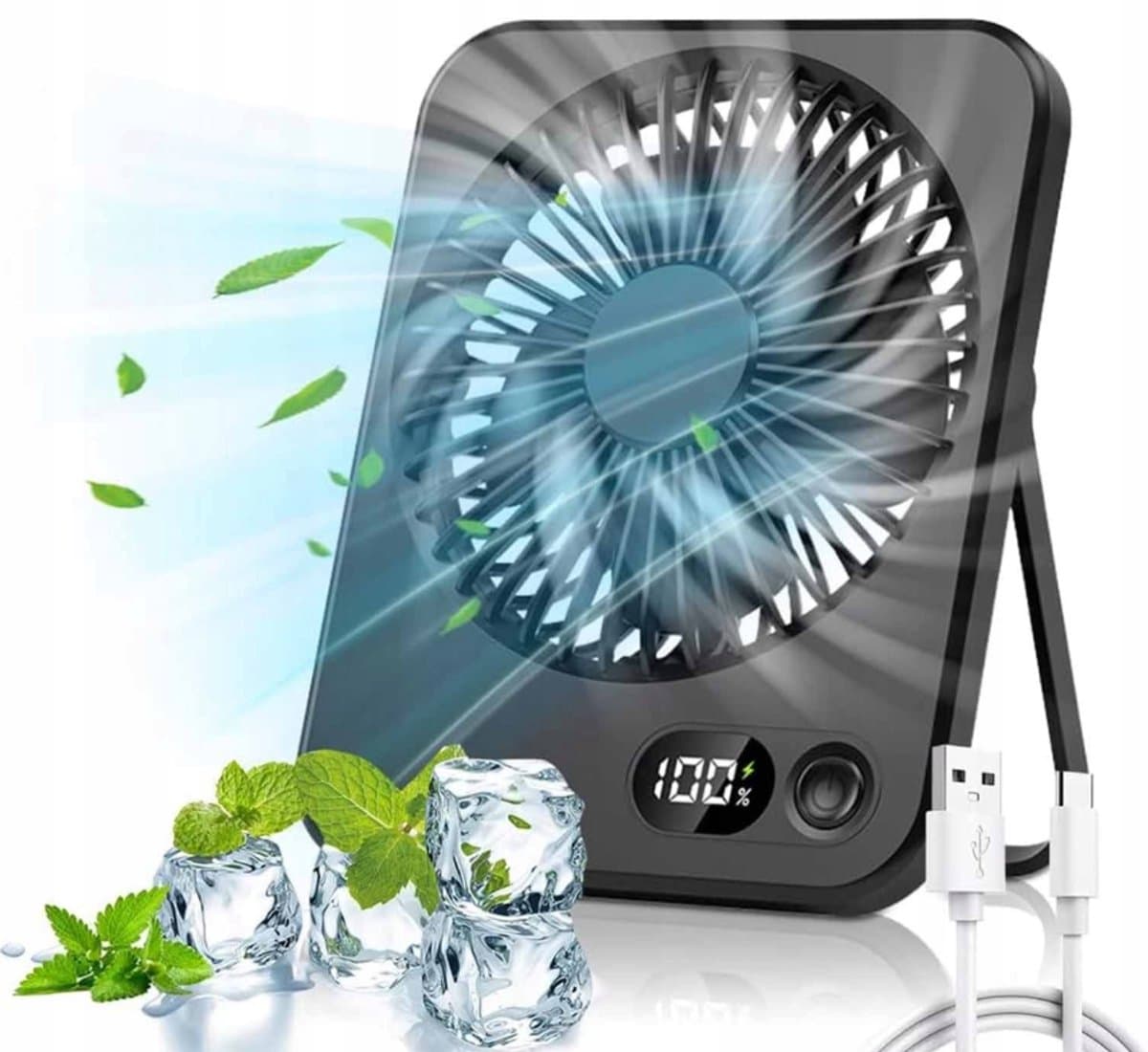 Oplaadbare Tafelventilator - 5 Snelheden met Borstelloze Motor - Stille Mini Ventilator met LED Batterij Display - 1200mAh USB Bureauventilator - 16.3x13.2cm - Zwart — afbeelding 1