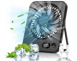 Oplaadbare Tafelventilator - 5 Snelheden met Borstelloze Motor - Stille Mini Ventilator met LED Batterij Display - 1200mAh USB Bureauventilator - 16.3x13.2cm - Zwart