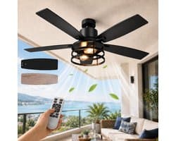 MUPOO Zwart Industrieel Plafondventilator met Verlichting 112 cm -DC Motor <30dB -Zomer- en winterstand&Afstandsbediening- 6 Snelheden & Timer -voor Binnen,Slaapkamer & Terras-Walnoot houten ventilatorbla