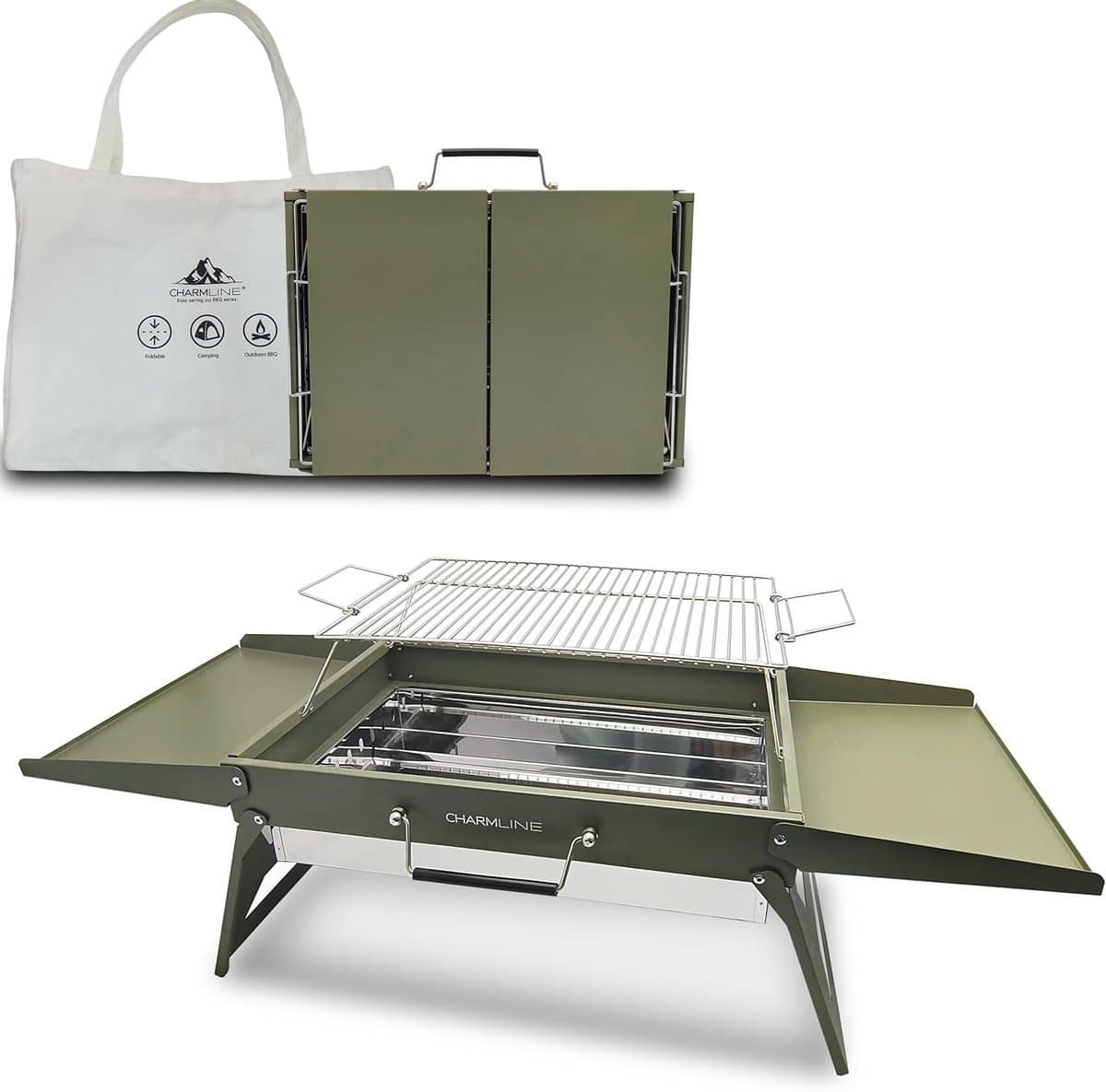 Houtskoolgrill Opvouwbaar 51 x 35 cm - Draagbare BBQ Grill voor Camping, Picknick, Tuin en Strand - Groen — afbeelding 1