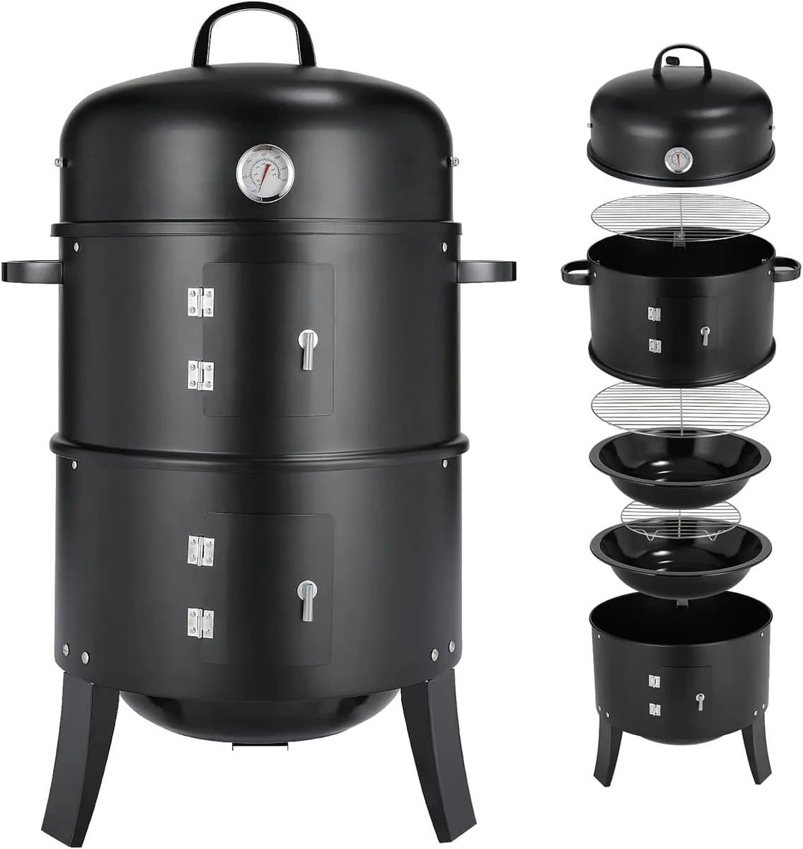 Damenzo - Bbq - Bbq houtskool - 3 in 1 - Grill - Grill apparaat - Rookoven - Buiten koken - Met deksel en thermometer - Ø45cm - Zwart — afbeelding 1