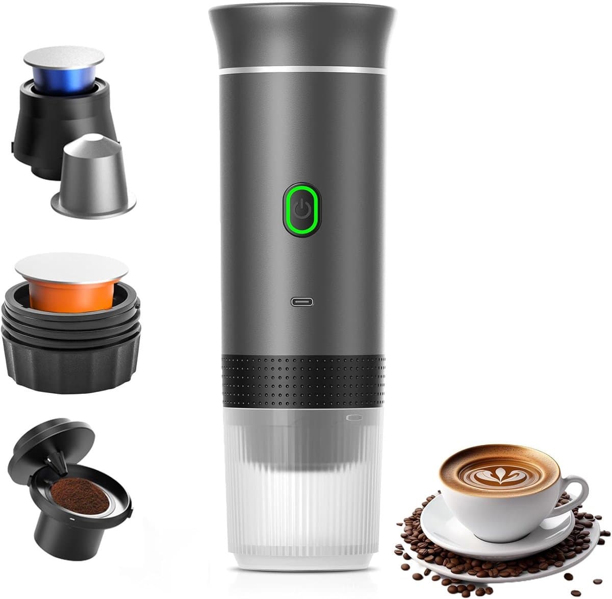 Koffiemachines - Koffiezetapparaat - Draagbare elektrische espressomachine - 3-in-1 draagbaar koffiezetapparaat met zelfverwarmende functie - USB-C-oplaadpoort - Voor camper - Kamperen - wandelen en kantoor - Grijs — afbeelding 1