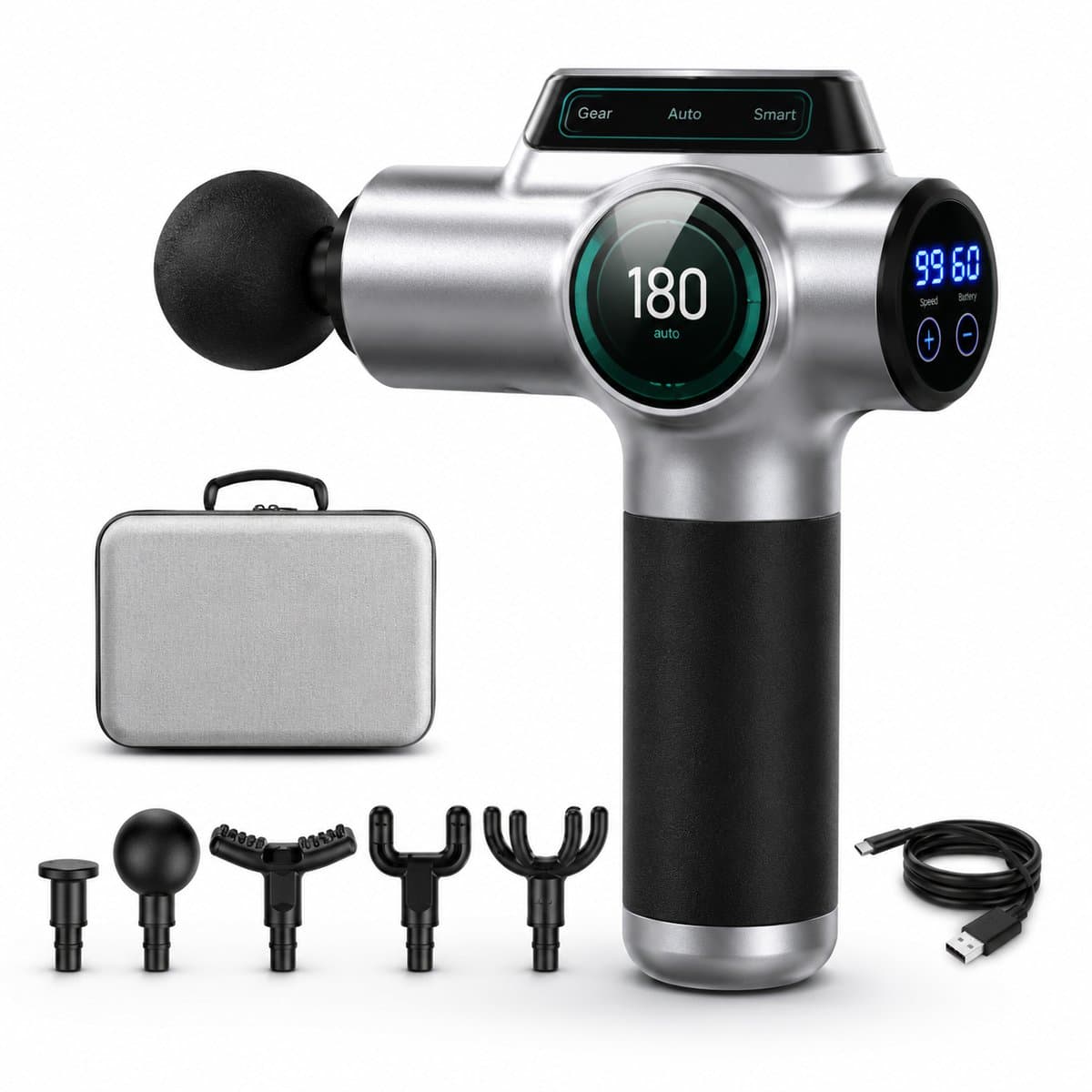 Jurrys Massagegun - Massageapparaat - Massagetoestel - Spiergun - Professioneel - Herstel bevorderend - Lichtgewicht - LCD - Zilver — afbeelding 1