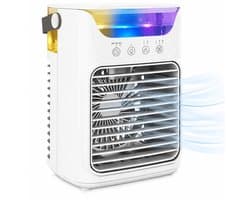 TEKROA® Ventilatoren - Mini Aircooler met Water - Draagbare Luchtkoeler & Tafelventilator met 3 Snelheden - RGB-Verlichting en Verstelbare Kop - Wit