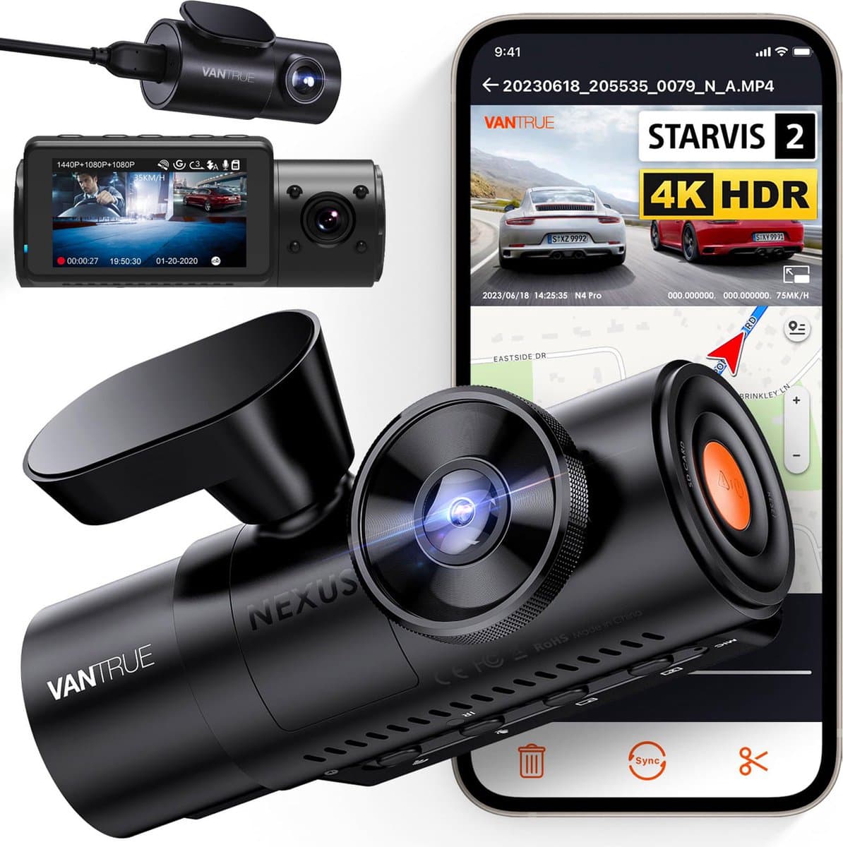 Vantrue N4 Pro Triple 3CH 4K Wifi Gps dashcam voor auto - 3 camera's voor 360 graden zicht - 2K en Full HD binnen en achter - Wifi en Gps - Parkeermodus — afbeelding 1