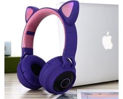 TDR- Draadloze Bluetooth koptelefoon - Over-Ear Koptelefoon voor Kinderen - Met Led Kat Oortjes - Bekend van TikTok - Paars