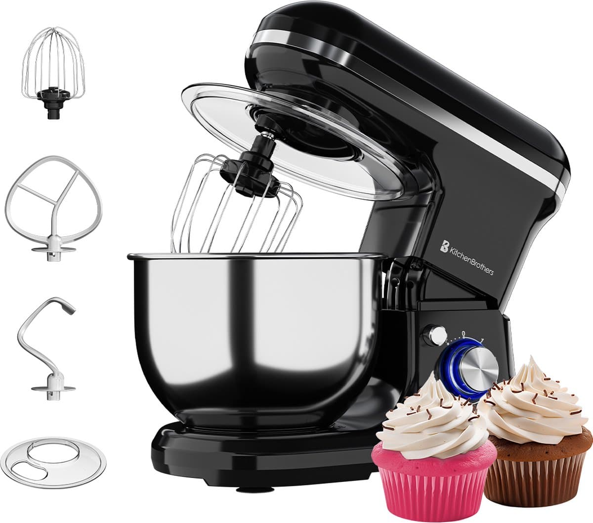 KitchenBrothers 1200W Keukenmachine - Keukenrobot - 5L - Mixer met Mengkom - BPA-vrij Keukenmixer - Zwart — afbeelding 1