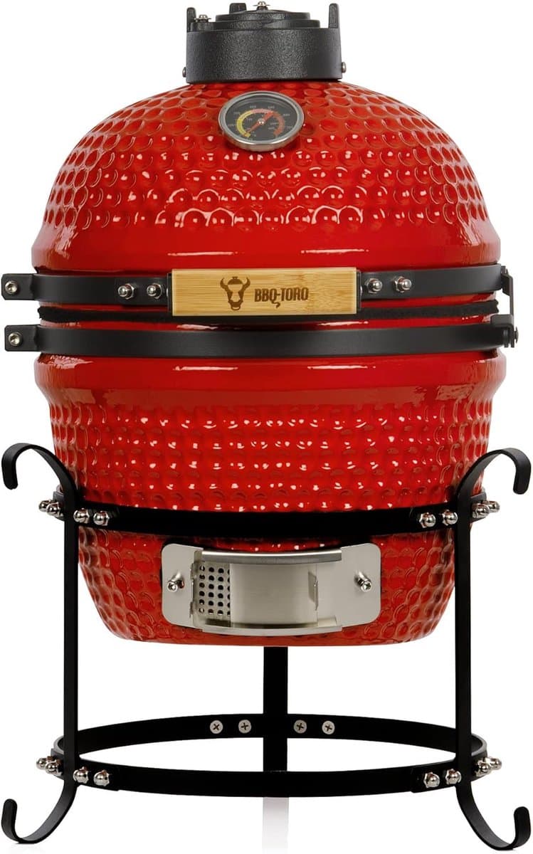 Kamado Barbecue – Keramische Grill – Houtskool Barbecue – Rookoven – Mini Grill – Diameter 32 cm – Thermometer In Deksel – Houten Handvatten – Rood — afbeelding 1