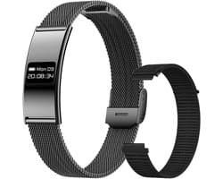 WizBay Premium Select® Smart Bracelet 2026 - Ultradun 2,8 mm - Hartslag en SpO2 - Slaapmonitor - 5ATM Waterdicht - Fitness Tracker - IPS Screen - Android en iOS - RVS Zwart en Gewoven Siliconen Band Zwart