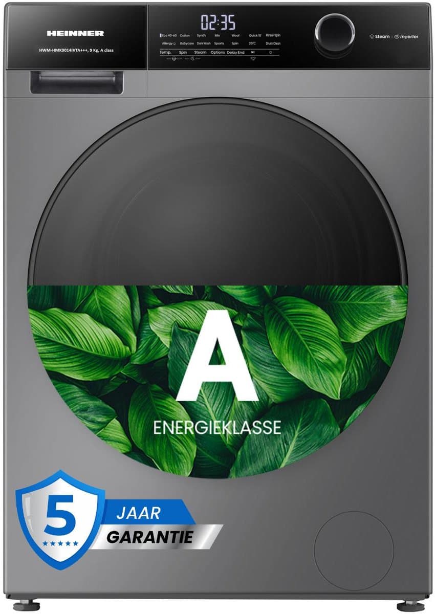 Heinner HWM-HMK9014IVTA+++ Wasmachine 9 kg – 1400 tpm – Inverter – Touchbediening – Allergievriendelijk – Energieklasse A – Titaniumgrijs– 5 jaar garantie — afbeelding 1