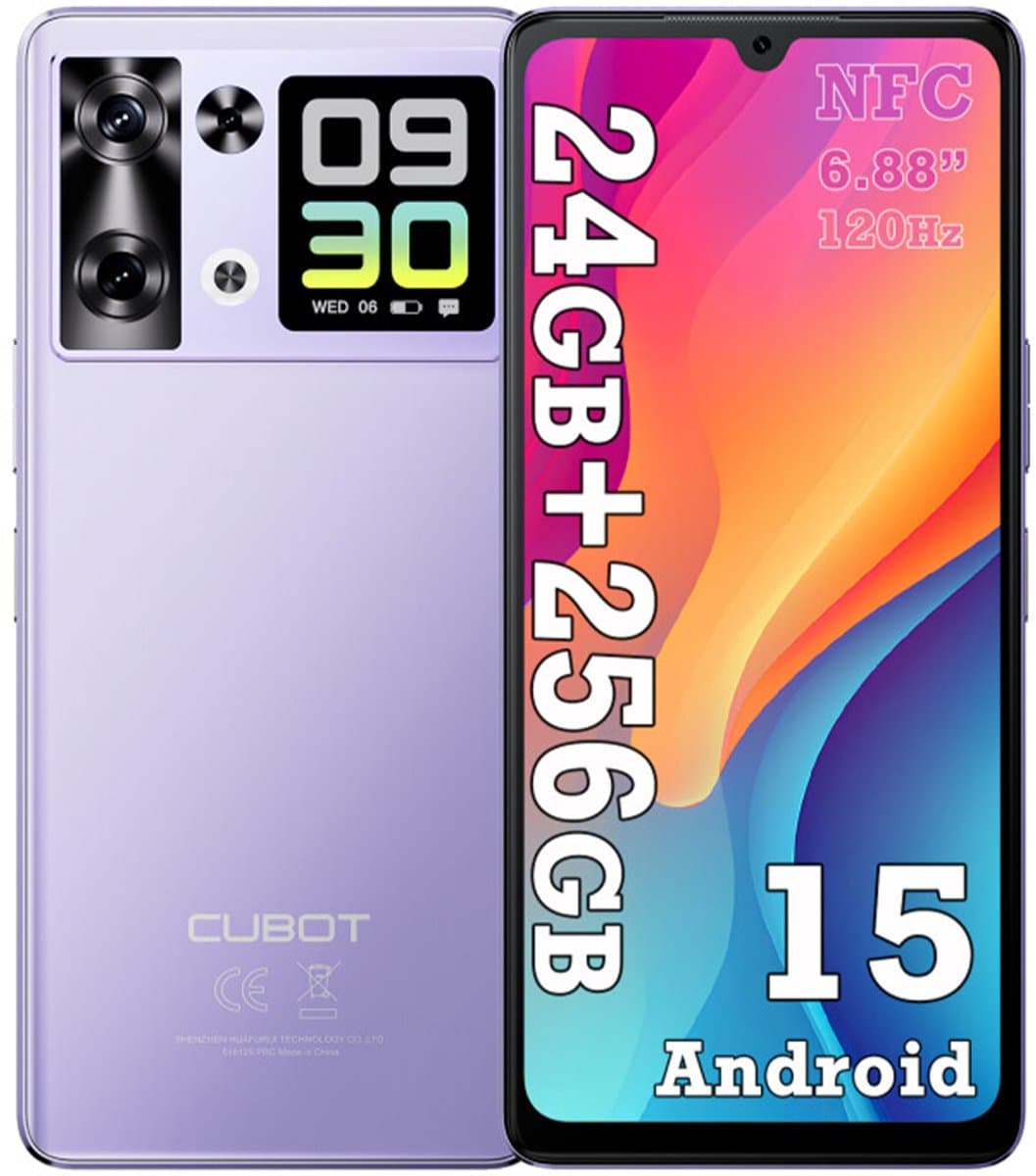 CUBOT P90 Smartphone - 24GB RAM - 256GB ROM - 5100 mAh - 6,88 inch 120 Hz- Android 15 - Dual SIM 4G - 64MP+16MP - NFC - GPS - Face ID - Paars — afbeelding 1