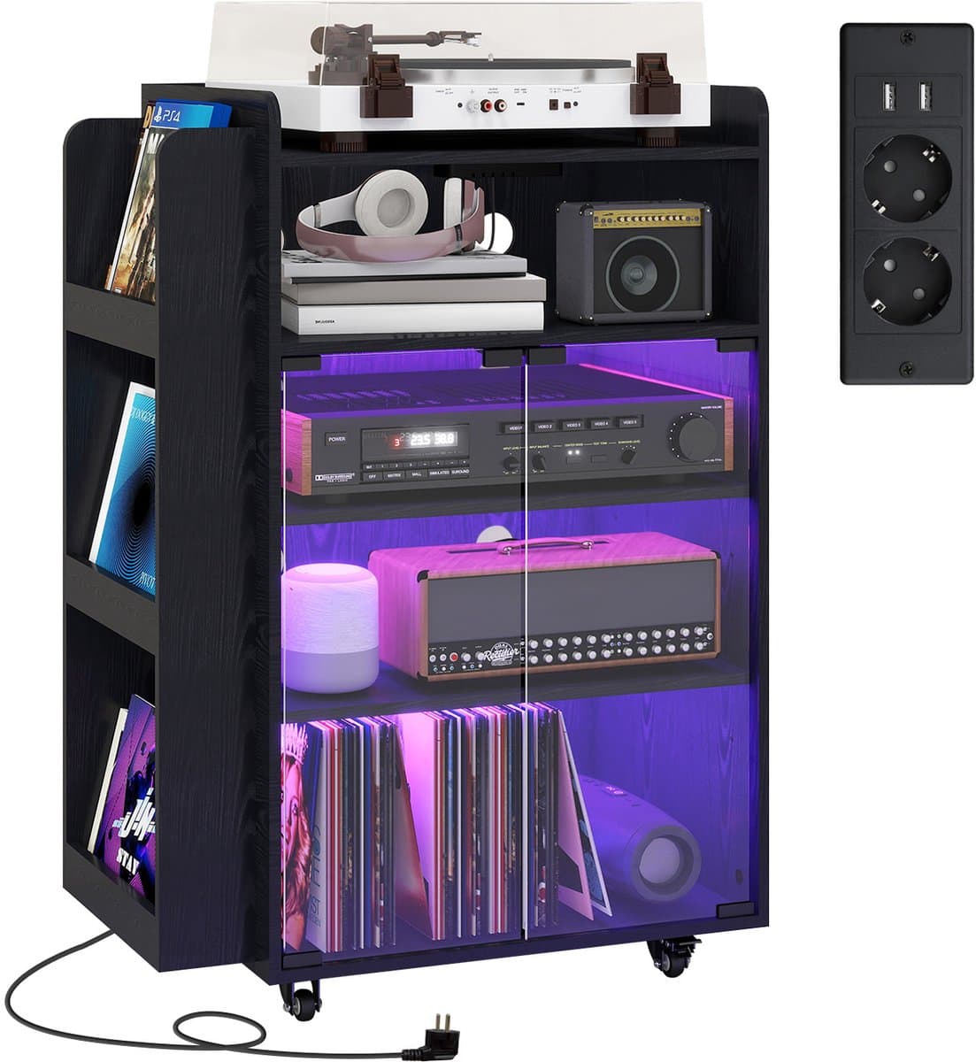 Puluomis - Platenspeler Meubel - LP-kast - Met stekkerdoos - RGB-lichtstrip - Platenspeler Kast - Platenspelerstandaard - Vintage Display Plank — afbeelding 1