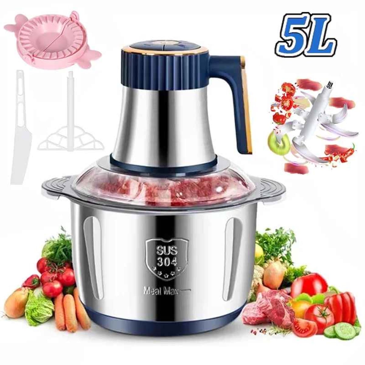 De Warenloods - Multifunctionele Keukenmachine - Vleesmolen - Foodprocessor - Hakmolen - Groentesnijder - 5 liter - Roestvrij Staal — afbeelding 1