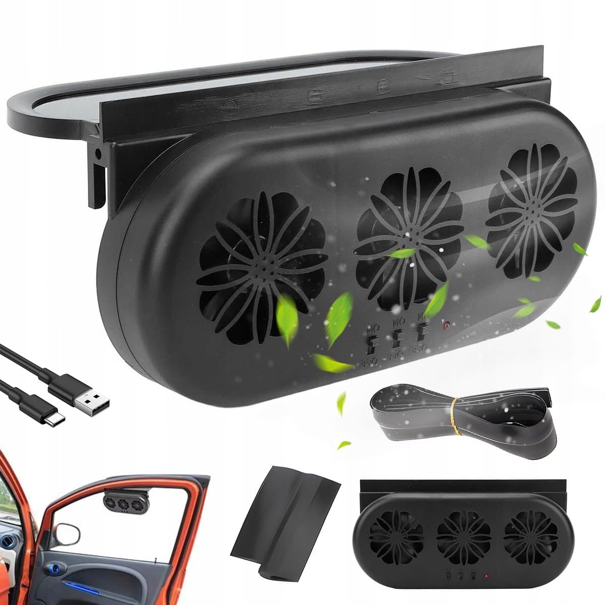 Auto Ventilator - Autoventilatieventilator - Zonne-energie Auto Ventilator met 3 Ventilatoren - Krachtige afzuiging met drie uitgangen | Installatie zonder boren in autoruiten - Zwart - 2.5W - 3 Snelheden & USB Voeding — afbeelding 1