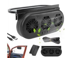 Auto Ventilator - Autoventilatieventilator - Zonne-energie Auto Ventilator met 3 Ventilatoren - Krachtige afzuiging met drie uitgangen | Installatie zonder boren in autoruiten - Zwart - 2.5W - 3 Snelheden & USB Voeding