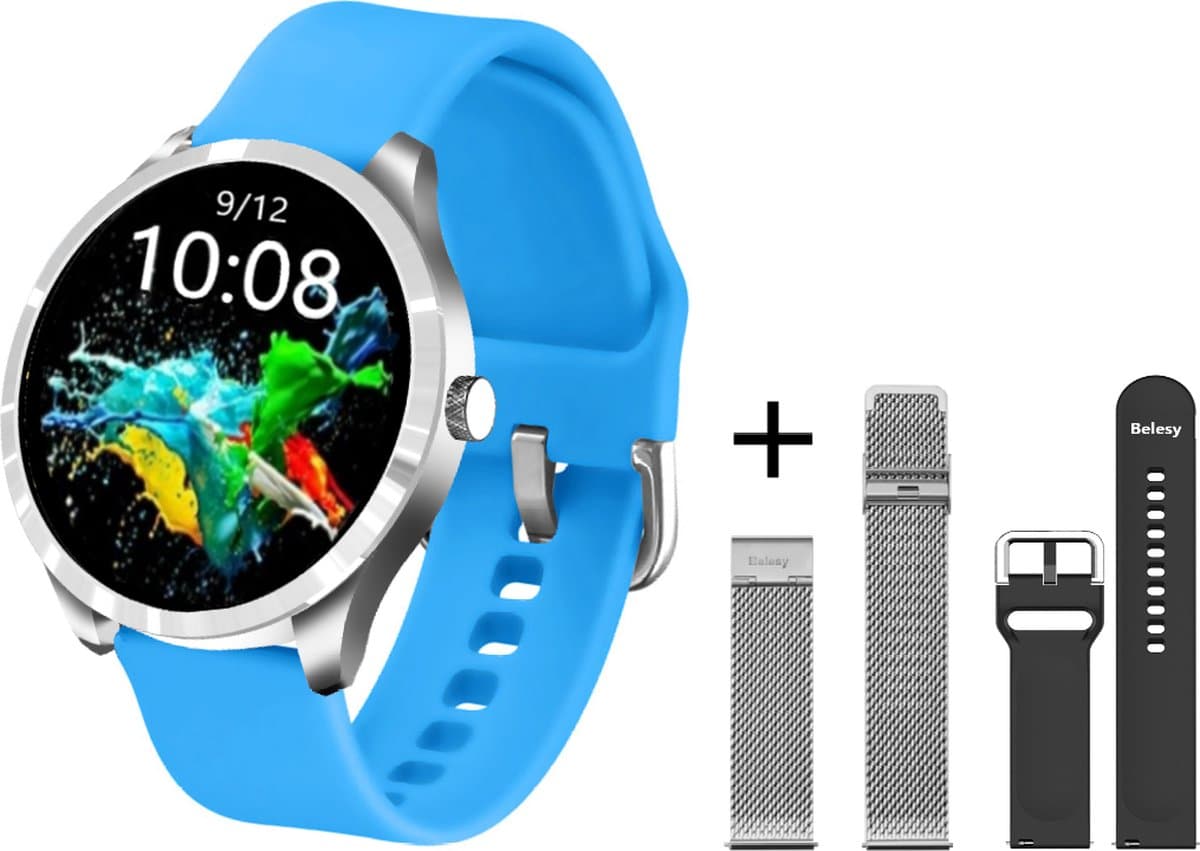Belesy® Q9 PLUS - Smartwatch Dames – Smartwatch Heren - Horloge - 1.28 inch - Kleurenscherm - Stappenteller - Bloeddruk - Hartslag - 75+ Wijzerplaten – Sporten – Staal – Siliconen – Zilver – Blauw - Zwart - Kerstcadeau — afbeelding 1