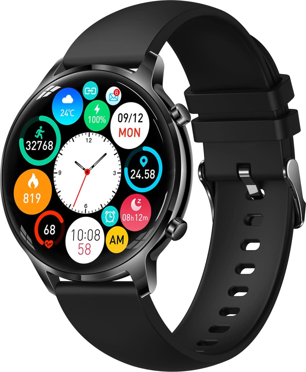 Belesy® TIRANA – Smartwatch Dames – Smartwatch Heren – Horloge – 1.32 inch Touchscreen Kleurenscherm – Stappenteller – Calorieteller – Hartslagmeter – Bloeddrukmeter – Zuurstofgehalte – Multisport – Slaap Monitor – Zwart - Moederdag — afbeelding 1