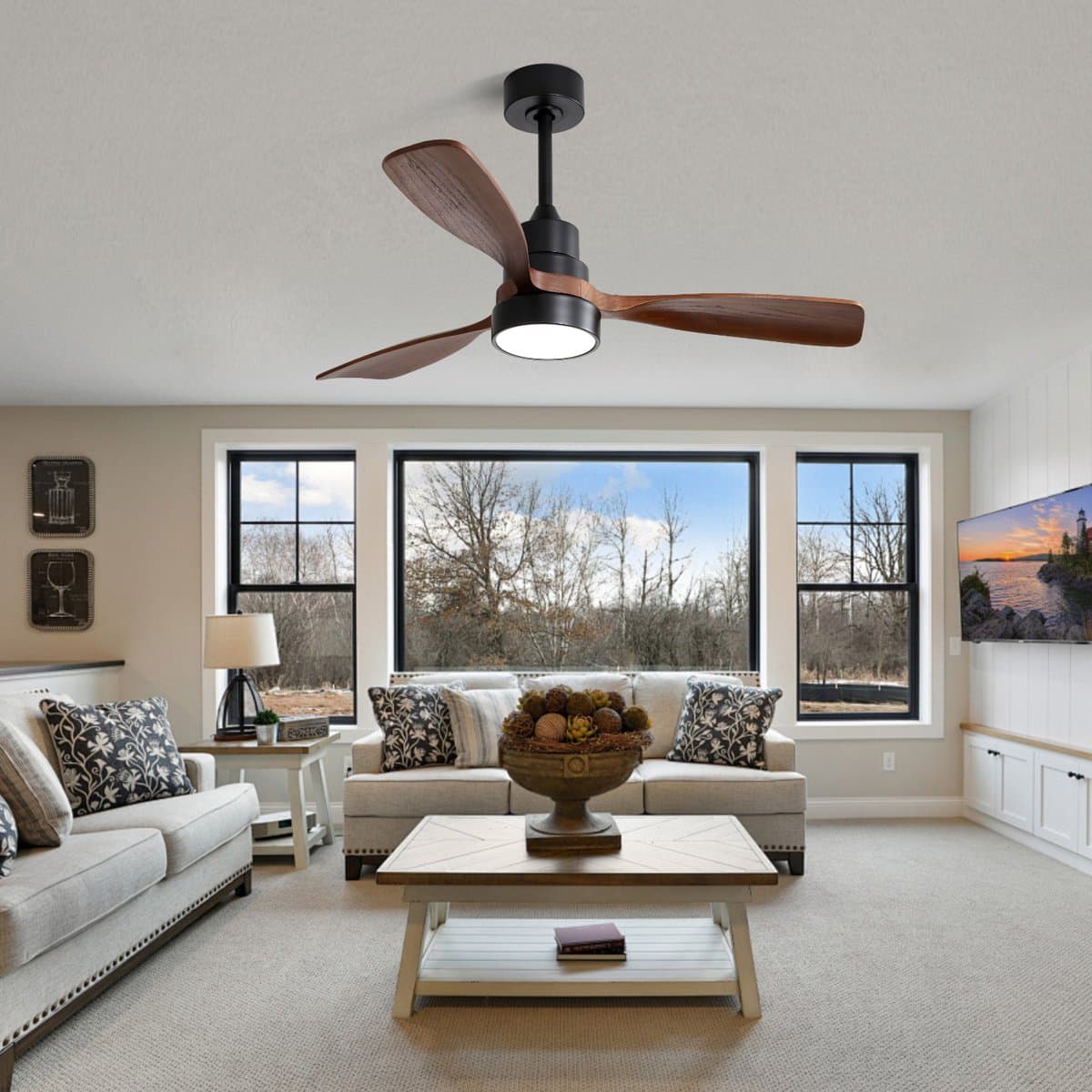 Re-purelife® Koel Zomer Collectie Grote Plafondventilator 122 cm Ø – 3 Massief Houten Bladen, Reversibele DC Motor, Afstandsbediening & Timer – Stille & Energiezuinige Ventilator voor Woonkamer, Slaapkamer of Kantoor, voor Zomer & Winter -Zwart — afbeelding 1