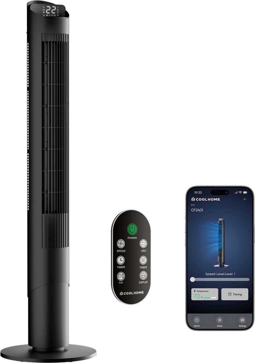CoolHome Airflow Pro Ventilator – Torenventilator met Afstandsbediening – Waaier met Ionisator – 116 cm – Dimbaar LED-scherm – 6 Snelheden – Zwart — afbeelding 1