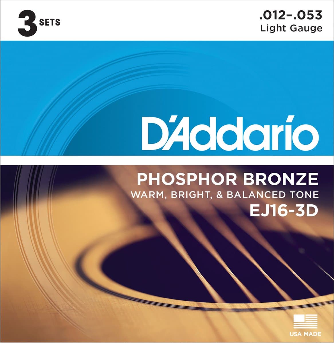 D'Addario EJ16-3D Phosphor Bronze Westernsnaren 3-Pack (12-53) — afbeelding 1