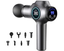 Massage Gun voor Spieren, 99 Snelheden, 9 Massagekoppen, Stil, LCD Touchscreen, USB-C, Grijs