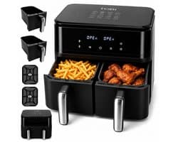 Tobi Dual Zone Airfryer 15L, XXXL 2400W – Olievrije Heteluchtfriteuse met 2 Onafhankelijke Bereidingscompartimenten, Digitaal Touchscreen, Instelbare Temperatuur en Timer, Frituren, Bakken, Braden en Opwarmen