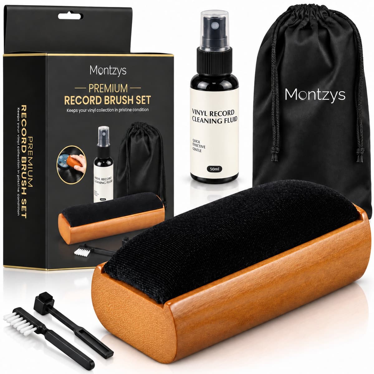 Montzys® Platenborstel Set - Vinyl Borstel met Reinigingsvloeistof & Naaldborstel - LP Platenreiniger voor Platenspeler - Inclusief Opbergzakje — afbeelding 1