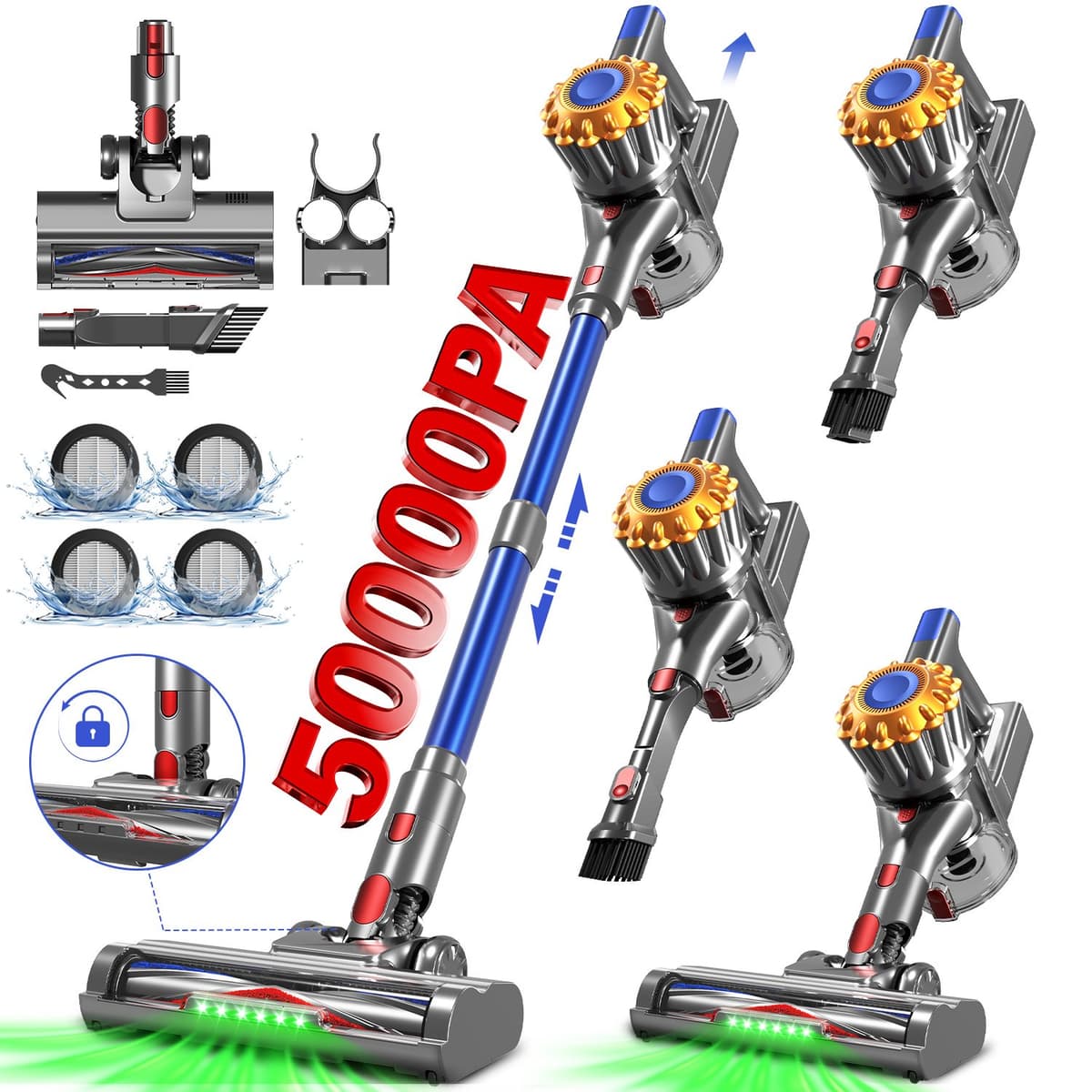 Adormii Steelstofzuiger Draadloos – 50 kPa Sterke Zuigkracht – Tot 60 Min Accuduur – Anti-haarwikkel Vloerborstel – 4 HEPA-filters – 1,6 L Stofreservoir – Groene LED Stofdetectieverlichting – Blauw — afbeelding 1