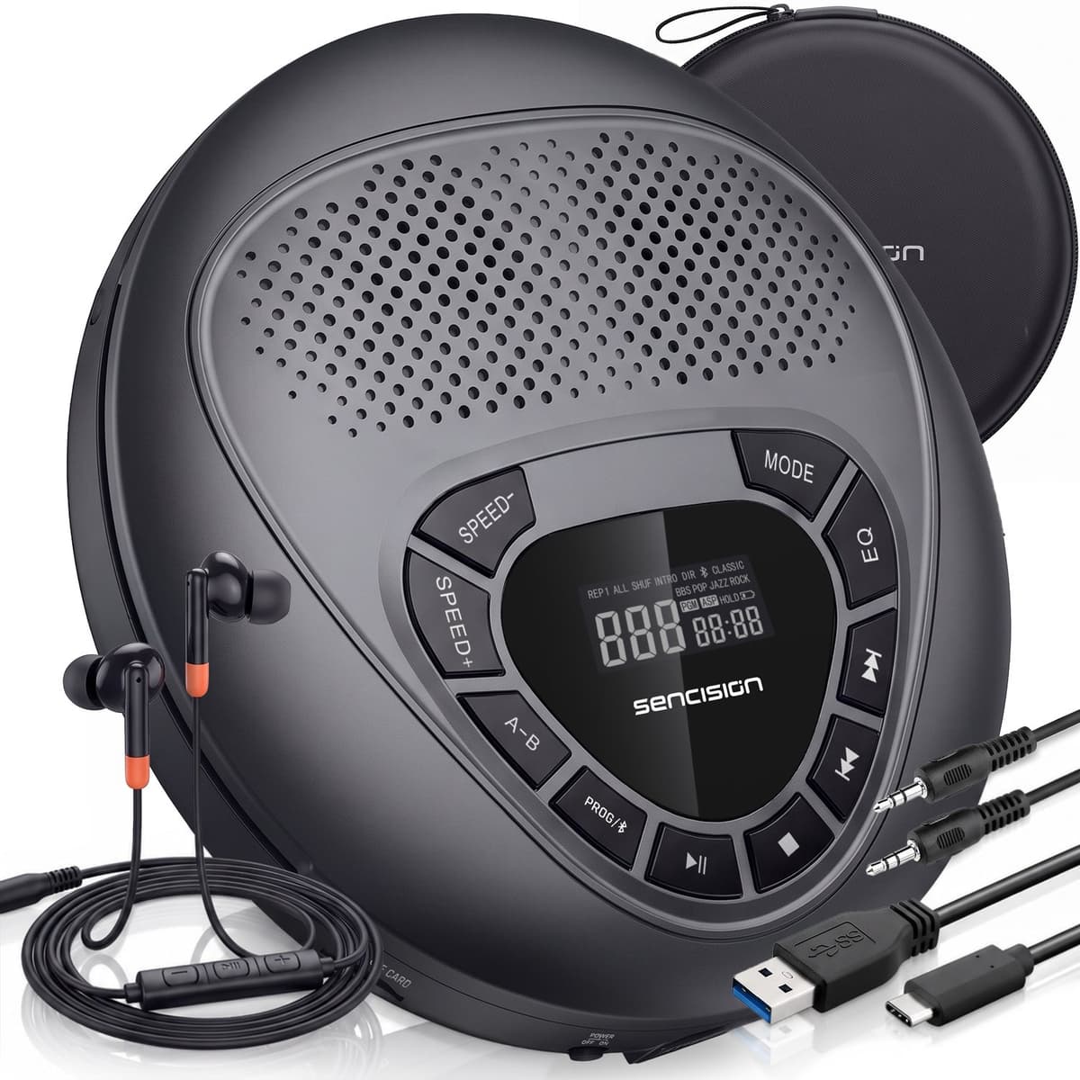 Sencision Draagbare CD Speler met Bluetooth 5.1 - Discman - CD Speler met Speakers - USB-C Oplaadbaar - Anti-Shock - Oordopjes en Opberghoes - Zwart — afbeelding 1