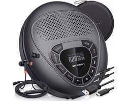 Sencision Draagbare CD Speler met Bluetooth 5.1 - Discman - CD Speler met Speakers - USB-C Oplaadbaar - Anti-Shock - Oordopjes en Opberghoes - Zwart