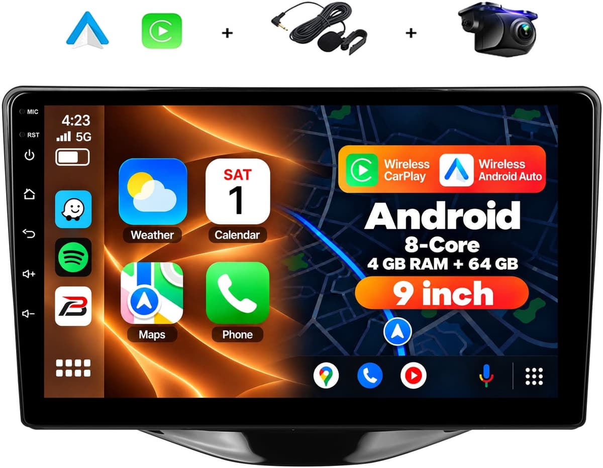 Boscer Autoradio - Geschikt voor Toyota Aygo, Citroën C1 & Peugeot 108 (2015-2020) - Android 15 - 9 Inch HD Touchscreen - 8-Core Snapdragon 4+64GB - Interne Koeling - Apple CarPlay & Android Auto - GPS, WiFi, Bluetooth - Camera & Microfoon — afbeelding 1