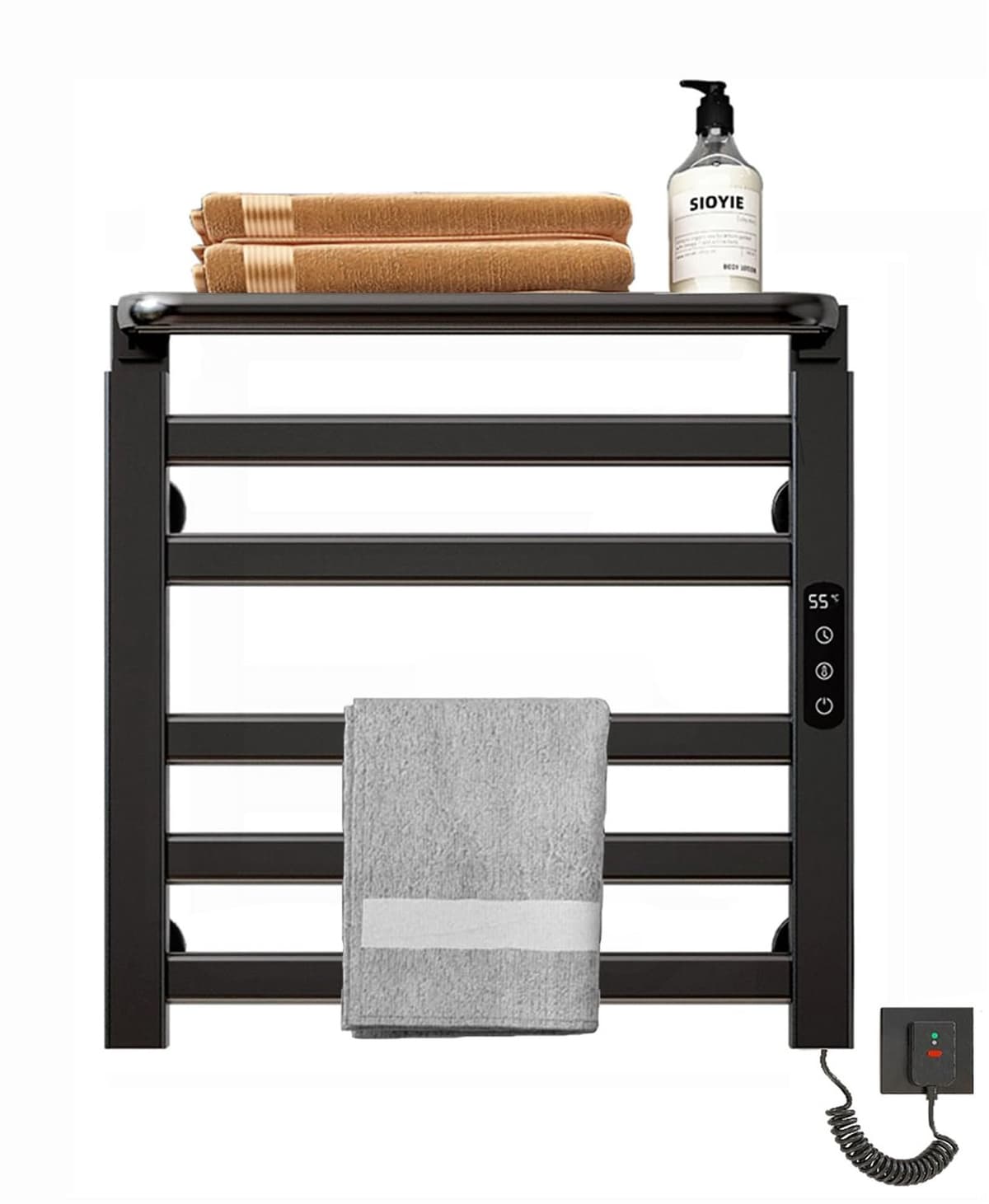 Elektrische handdoekwarmer, klein, 135 W, elektrische handdoekdroger, 50 x 50 cm, handdoekdroger met lcd-touch-bediening, timer, thermostaat, inklapbare plank (zwart) — afbeelding 1