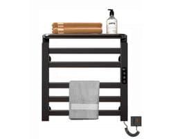 Elektrische handdoekwarmer, klein, 135 W, elektrische handdoekdroger, 50 x 50 cm, handdoekdroger met lcd-touch-bediening, timer, thermostaat, inklapbare plank (zwart)