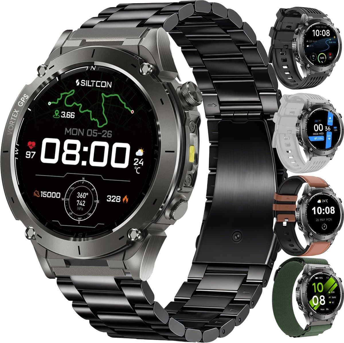 Siltcon® Vortex GPS Smartwatch Heren en Dames - Sport Horloge - Horloge Heren - Stappenteller - Hartslagmeter - Saturatiemeter - Belfunctie - 200+ Sportmodi - Kompas - Zaklamp - Waterdicht - AMOLED - Geschikt voor iOS/Android - 5 Bandjes — afbeelding 1