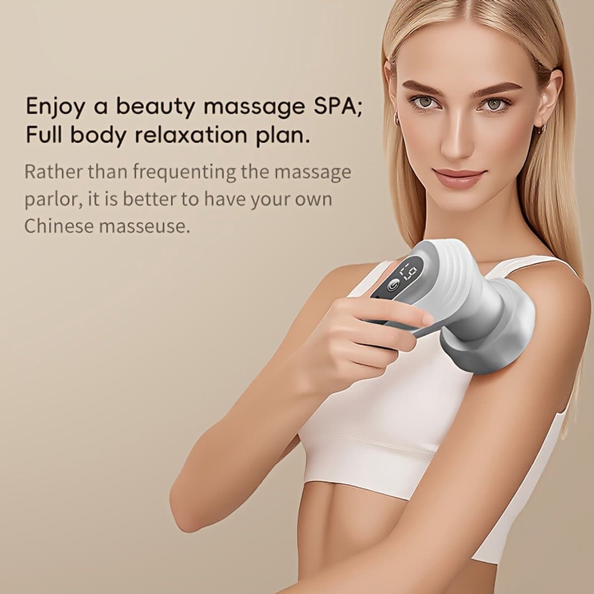 Moederdag Deze grijze fascie-massager is een full-body massager die kan worden gebruikt om de huid te verstevigen. Hij is uitgerust met vijf verwisselbare massagekoppen en biedt negen instelbare intensiteitsniveaus. — afbeelding 1