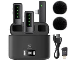 Nuvance Draadloze Microfoon - 2 Stuks - Oplaadcase - Mini Dasspeld Microfoon - Lavalier - USB C - Incl. 2 Windshields