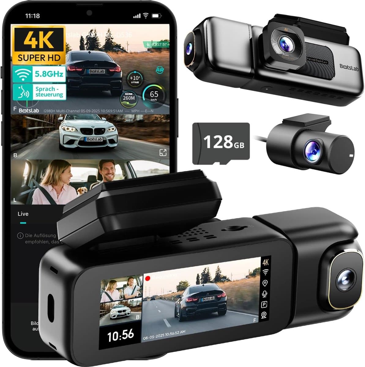 BOTSLAB 4K 3-Kanaals Dashcam Auto Voor Achter - 3-Kanaals 4K+1080P+1080P - GPS 5.8GHz WiFi Dashcam met - 128GB SD-kaart - 3.18" - Super Nachtzicht - WDR -G-sensor -loopopname -parkeermonitor- ADAS - dashcam voor auto — afbeelding 1