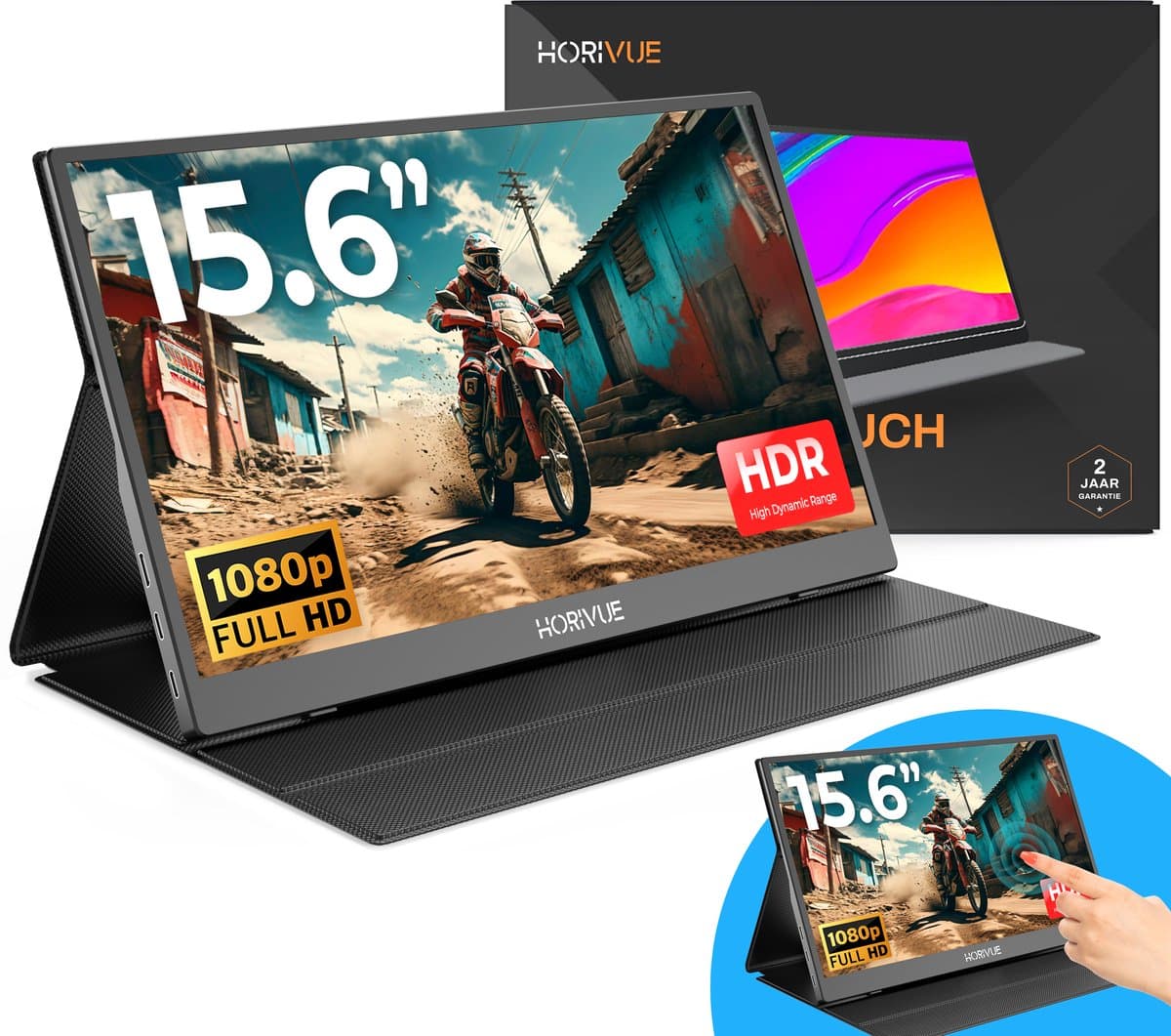 HoriVue Premium Portable Monitor 15.6 inch - Full HD - Extra Scherm Laptop - Draagbare Monitor voor Laptop met Speakers - Touchscreen - Gaming - IPS Beeldscherm - 1 Kabel - Zwart — afbeelding 1