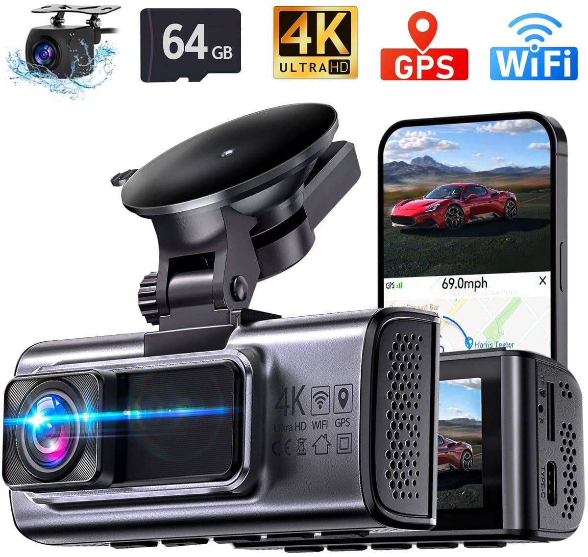 OYLCDI Dashcam Auto - 2-Kanaals 4K + 1080P Autocamera - GPS - 3,16 inch Scherm - Wi-Fi - Timelapse - App-bediening - 140° Ultragroothoek - Super Nachtzicht - G-sensor - Loop-opname - WDR — afbeelding 1