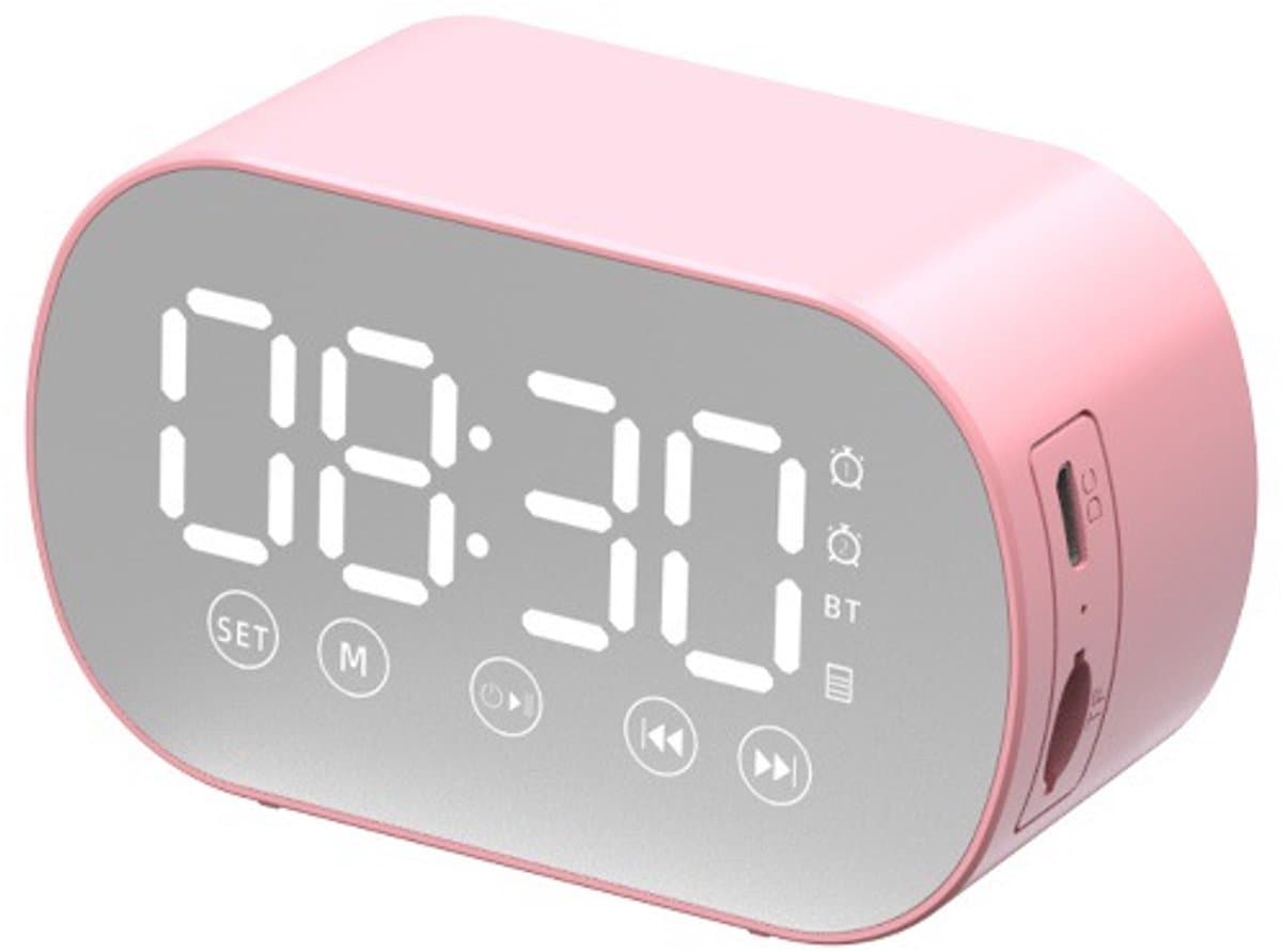 Bluetooth speaker wekker - met LED spiegeldisplay, radio, weersvoorspelling - twee luide alarmen - geschikt voor diepe slapers - roze — afbeelding 1