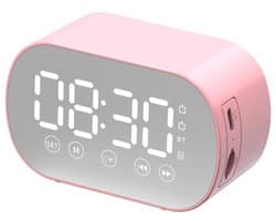 Bluetooth speaker wekker - met LED spiegeldisplay, radio, weersvoorspelling - twee luide alarmen - geschikt voor diepe slapers - roze