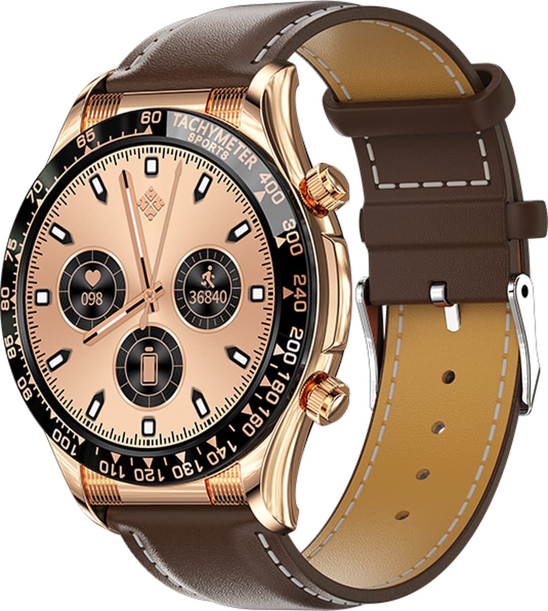 Darenci Smartwatch Superior Pro - Smartwatch heren - Activity Tracker - Touchscreen - Bluetooth bellen - Bluetooth muziek - Lederen band - Heren - Horloge - Stappenteller - Bloeddrukmeter - Verbrande calorieën-Zuurstofmeter-Waterdicht-Roségoud/Bruin — afbeelding 1