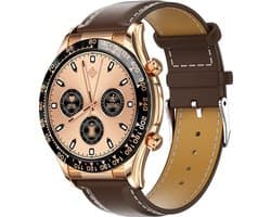 Darenci Smartwatch Superior Pro - Smartwatch heren - Activity Tracker - Touchscreen - Bluetooth bellen - Bluetooth muziek - Lederen band - Heren - Horloge - Stappenteller - Bloeddrukmeter - Verbrande calorieën-Zuurstofmeter-Waterdicht-Roségoud/Bruin