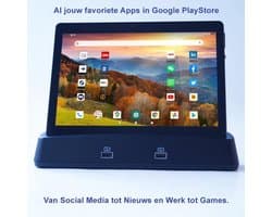 Bianca Tablet + Docking Station met BT Speakers, 10.1 Inch IPS Hi Res LCD+Camera, Draadloos Opladen, BT+WiFi+2xSIM+4G, GPS Navigatie, Videobellen, Micro SD kaart,+2 USB poorten voor opladen Smartphone en Tablet, 64 bit OctaCore Processor, Android OS