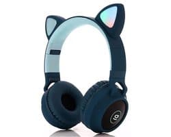 Kinder hoofdtelefoon - koptelefoon kinderen Bluetooth met led kattenoortjes blauw