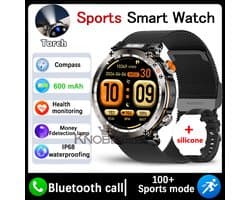 Knobbout 1.7" Scherm Outdoor Smartwatch – Digitale Kompas - LED & UV Licht -600mAh batterij - Bluetooth Bellen- IP68 Waterdicht -AI Spraakassistent - Gezondheid & Sportfuncties -Zwart staal + Siliconen Band