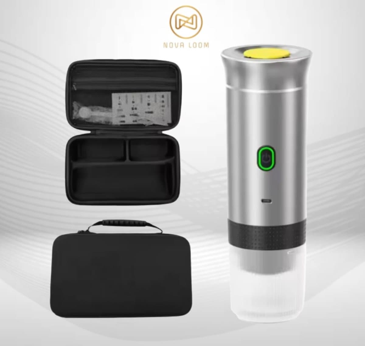 Nova Loom - Draagbaar Espressomachine Pro inclusief Travelbag en houder voor auto, thuis en camping - Multifunctionele 3-in-1 draagbare elektrische reiskoffieapparaat - Capsule, cups en Poeder - licht grijs - draadloos - makkelijk oplaadbaar — afbeelding 1