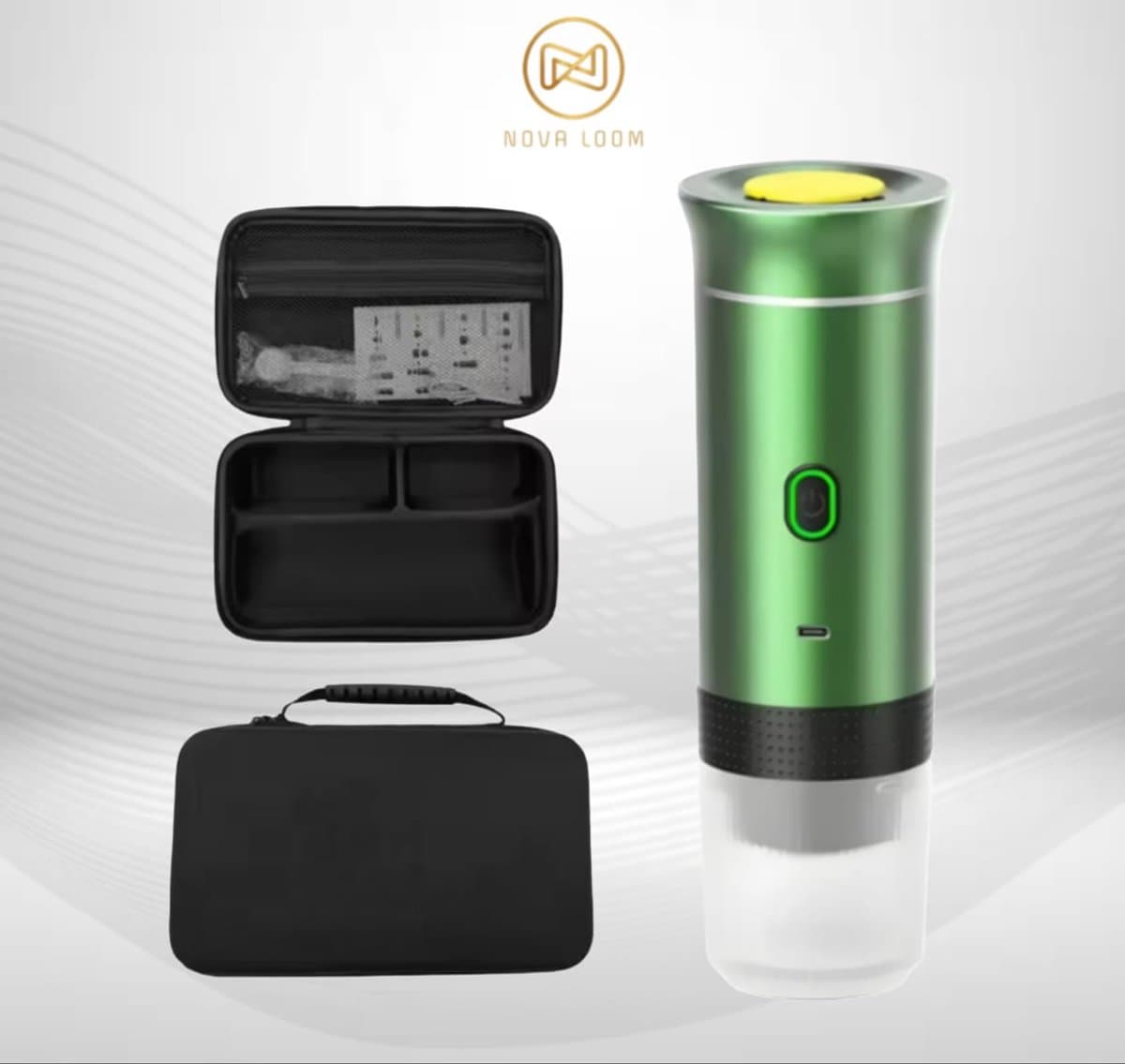 Nova Loom - Draagbaar Espressomachine Pro inclusief Travelbag en houder voor auto, thuis en camping - Multifunctionele 3-in-1 draagbare elektrische reiskoffieapparaat - Capsule, cups en Poeder - Groen - draadloos - makkelijk oplaadbaar — afbeelding 1